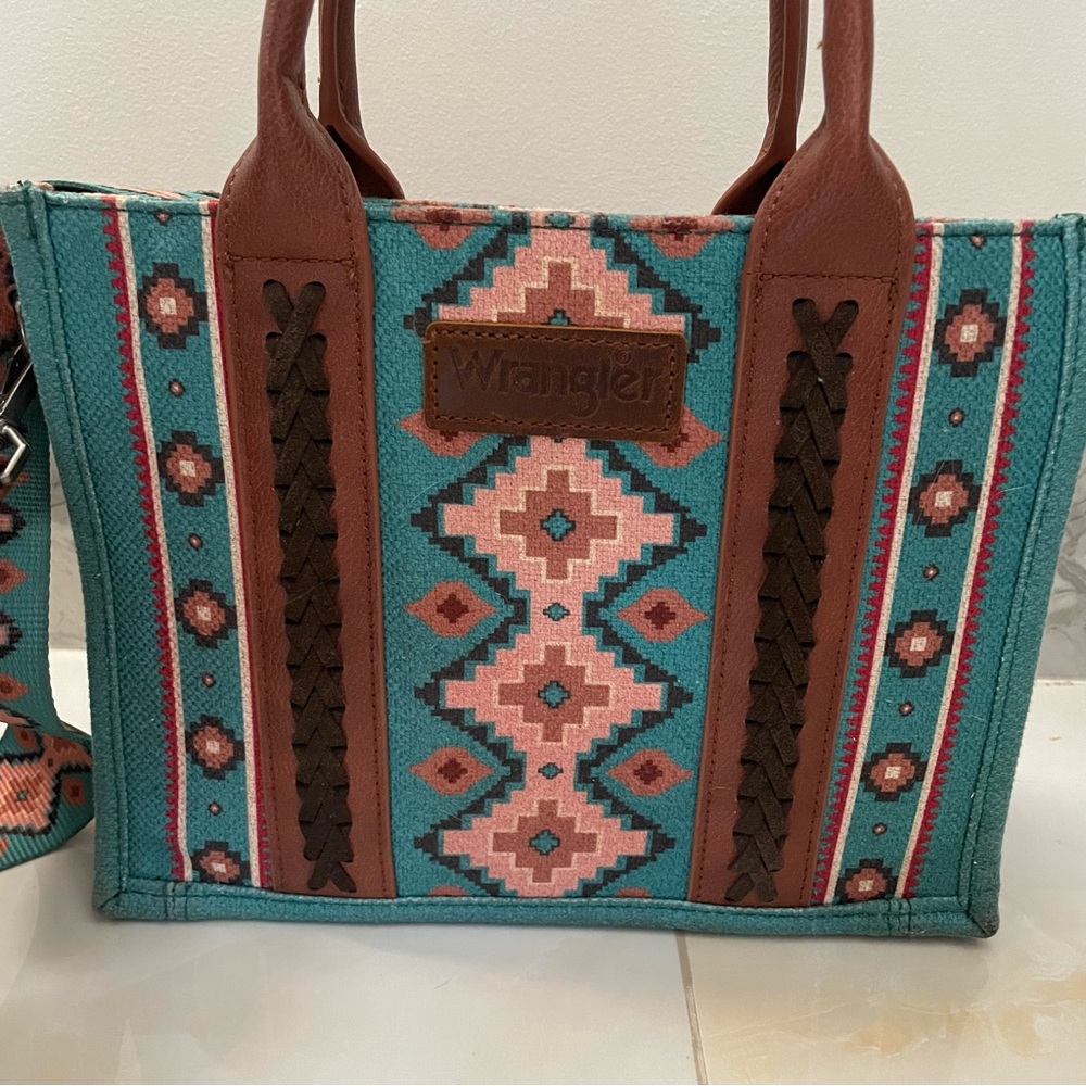 Wrangler Turquoise and Pink Southwestern Tote with Brown Accents